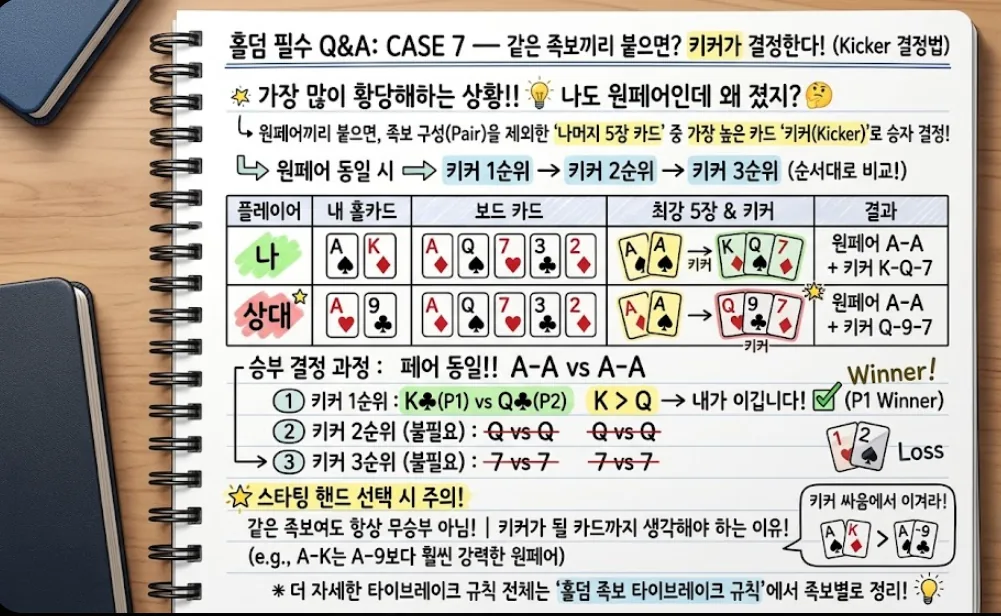 홀덤 키커 규칙 Q&A 카드 — 같은 족보끼리 붙으면 키커로 승부