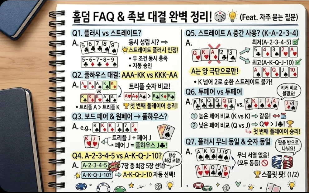 홀덤 족보 FAQ 종합 정리 카드 — 7가지 자주 묻는 질문 한 장 완전 해결