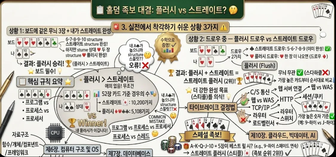 홀덤 플러시 vs 스트레이트 실전 보드 상황 3가지 — 스트레이트 완성에도 플러시에 지는 케이스·드로우 드로우 대결·플러시 착각 판단법