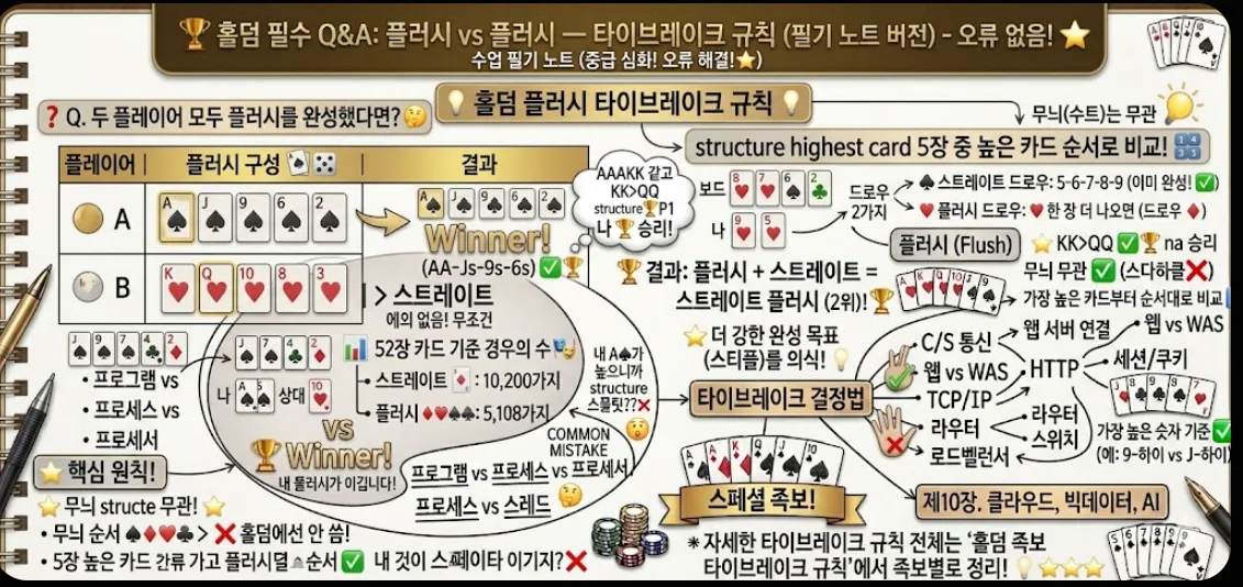 홀덤 플러시 타이브레이크 규칙 인포그래픽 — 무늬 무관·5장 중 높은 카드 순서 비교·플레이어 A vs B 실전 예시·스페이드 플러시가 이기지 않는 이유