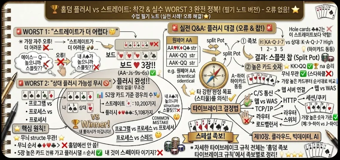 홀덤 플러시 vs 스트레이트 실수 WORST 3 완전 정복 인포그래픽 — 스트레이트가 더 어렵다는 착각·상대 플러시 가능성 무시·플러시 드로우 타이브레이크 오판