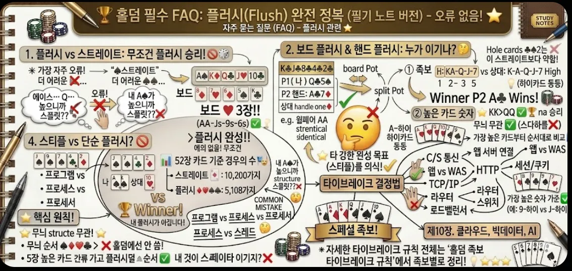 홀덤 플러시 완전 정복 FAQ 인포그래픽 — 플러시 vs 스트레이트 무조건 플러시 승리·보드 플러시 vs 핸드 플러시·스티플 vs 단순 플러시·타이브레이크 결정법