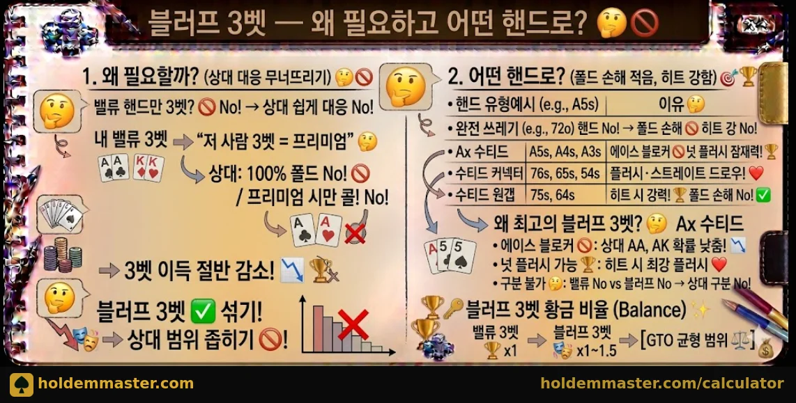 블러프 3벳 — 왜 필요하고 어떤 핸드로 해야 하나