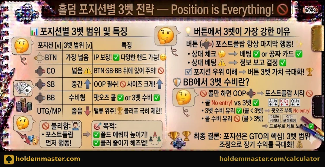 홀덤 포지션별 3벳 전략 — BTN·CO·SB·BB·UTG 완전 정리