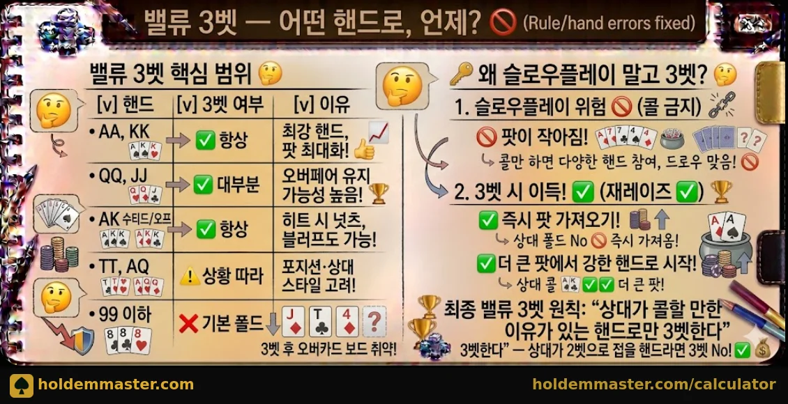 밸류 3벳 — 어떤 핸드로 언제 해야 하나 완전 정리