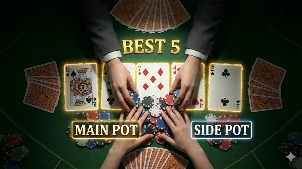 Texas Hold'em all-in declaration — dealer separates main pot and side pot chips on green felt after player goes all-in