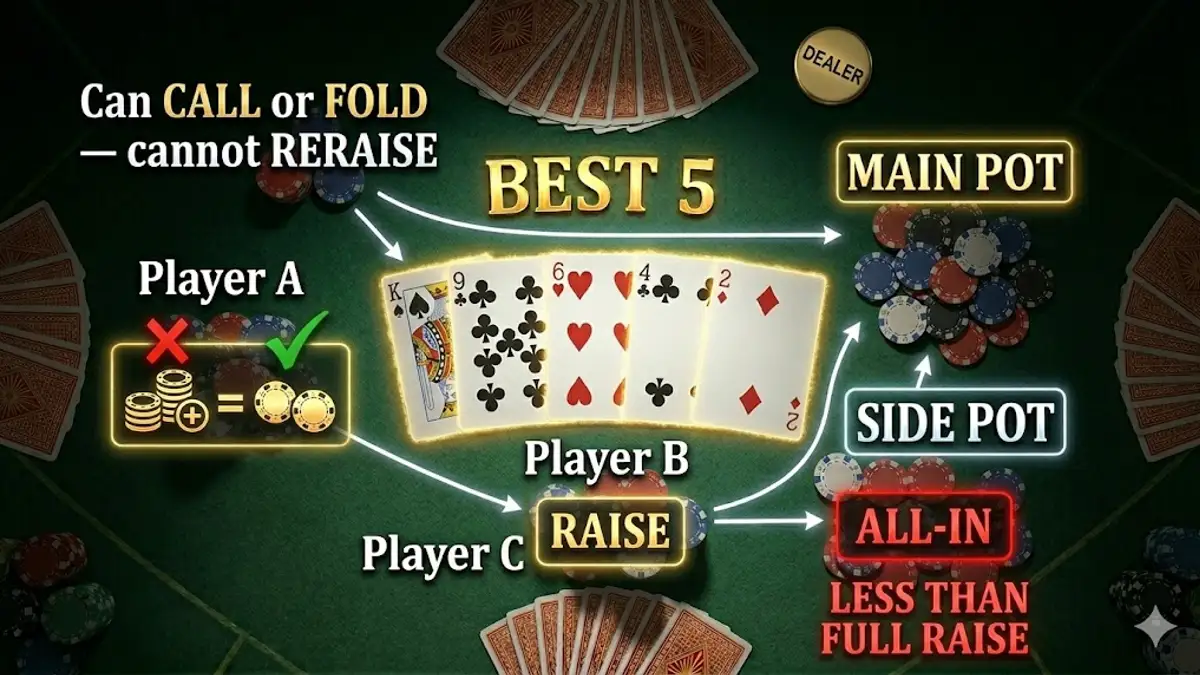 Poker re-raise rule after all-in — Player C goes all-in for less than a full raise, Player A can only call or fold