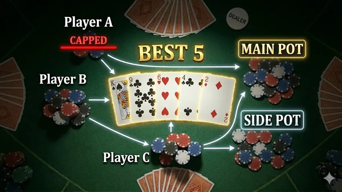Texas Hold'em all-in side pot — dealer separating chips into main pot and side pot as Player A is capped