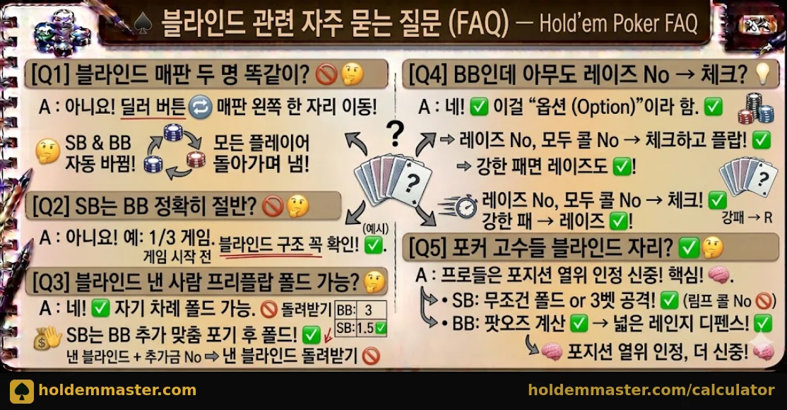 블라인드 관련 자주 묻는 질문 — 매판 교대·SB 절반 여부·프리플랍 폴드·옵션 체크·고수 전략 5가지 FAQ 인포그래픽