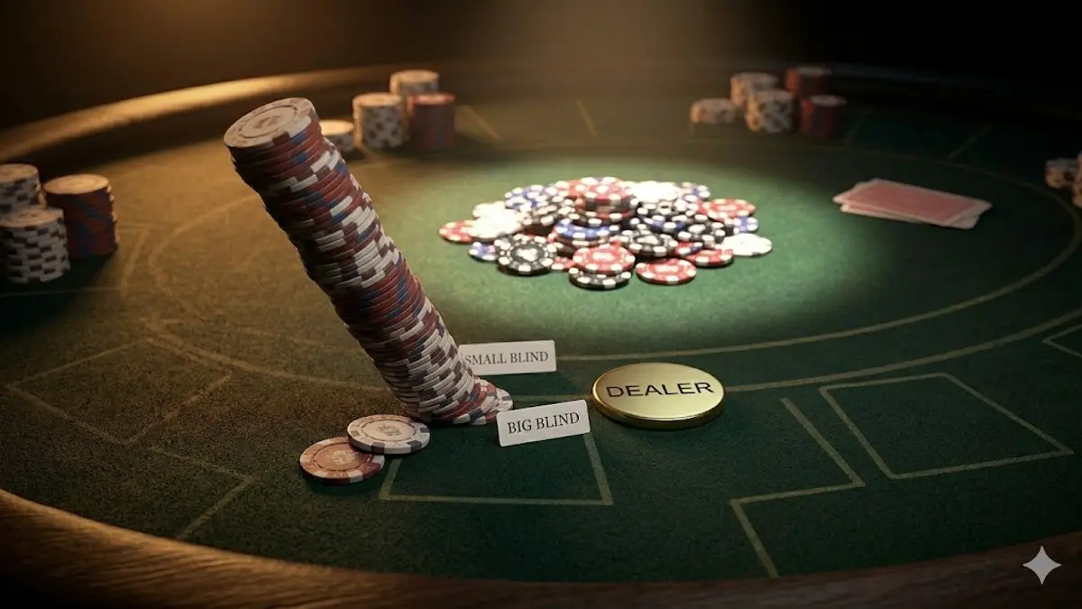 Chip stack falling toward the pot on a poker table — a blind steal push from the button