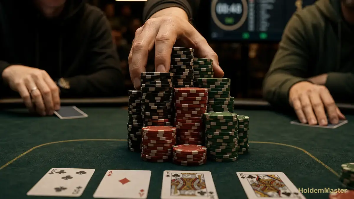 A big chip stack looming over a short stack on the money bubble, other players folding, a payout ladder glowing behind them