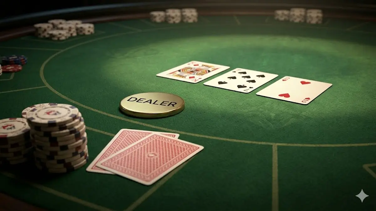 Dealer button and K♦ 7♠ 2♥ board on a poker table — the button fires a bluff after three checks