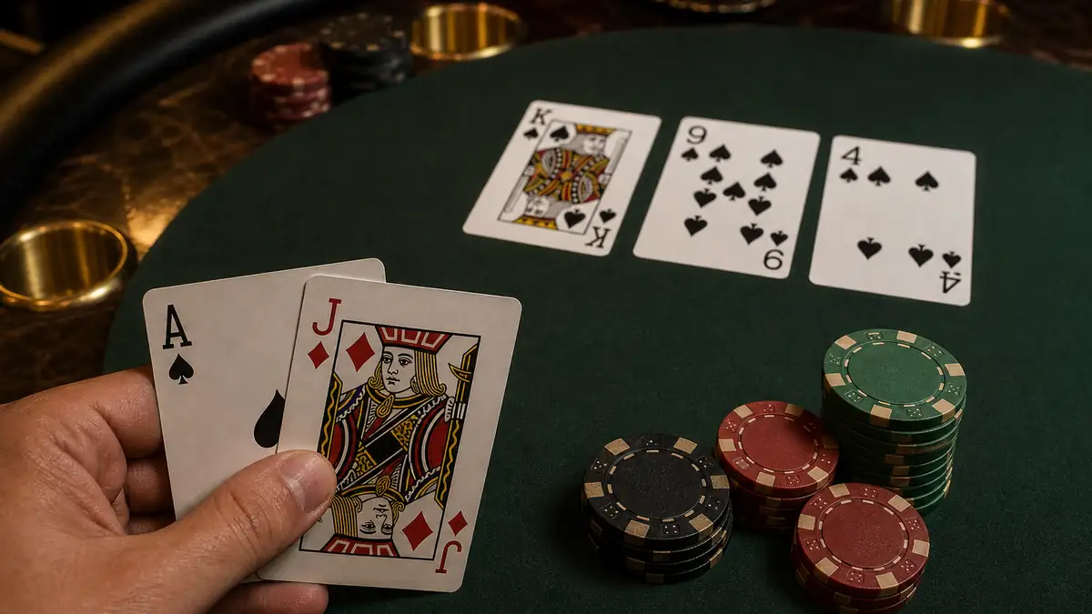 A player holding the ace of spades while three spades sit on the board — the ace blocks any opponent from holding the nut flush