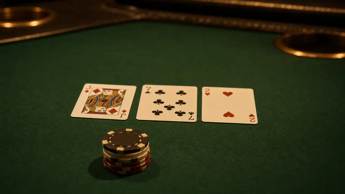 A dry, disconnected J-7-2 rainbow flop on the green felt with a small stack of chips bet in front, the kind of high-card board that belongs to the preflop raiser
