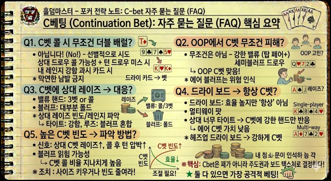 C벳 FAQ 핵심 요약 카드 — 더블배럴·OOP·레이즈 대응·드라이보드·빈도 5가지 질문