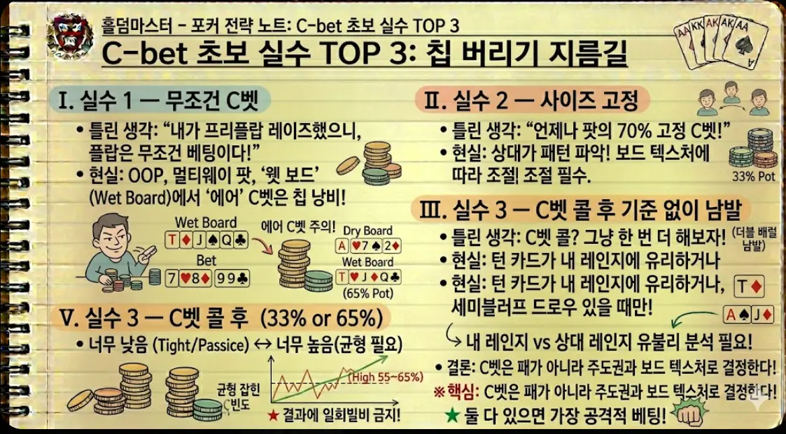 C-bet 초보 실수 TOP 3 요약 카드 — 무조건 C벳·사이즈 고정·더블배럴 남발 3가지 실수|w