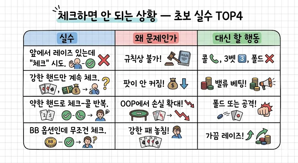 체크하면 안 되는 상황 초보 실수 TOP4 — 레이즈 앞 체크 불가·강한 패 체크·체크콜·BB 옵션 무조건 체크|w