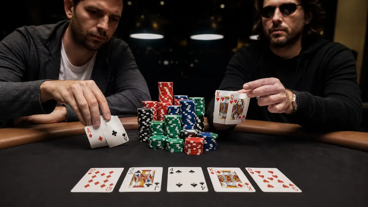 Two players at showdown, one revealing pocket aces beside community cards that have handed the other player a winning straight