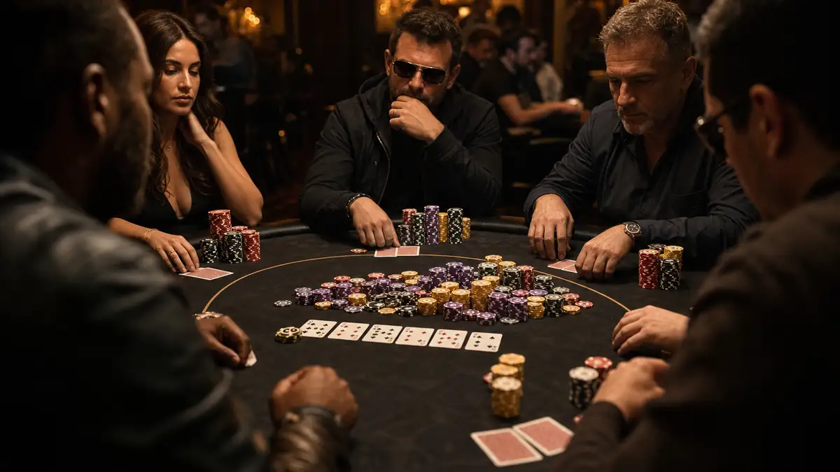 A crowded poker table with four players still in the hand, cards and chips in front of each — the moment a premium hand's equity gets split several ways