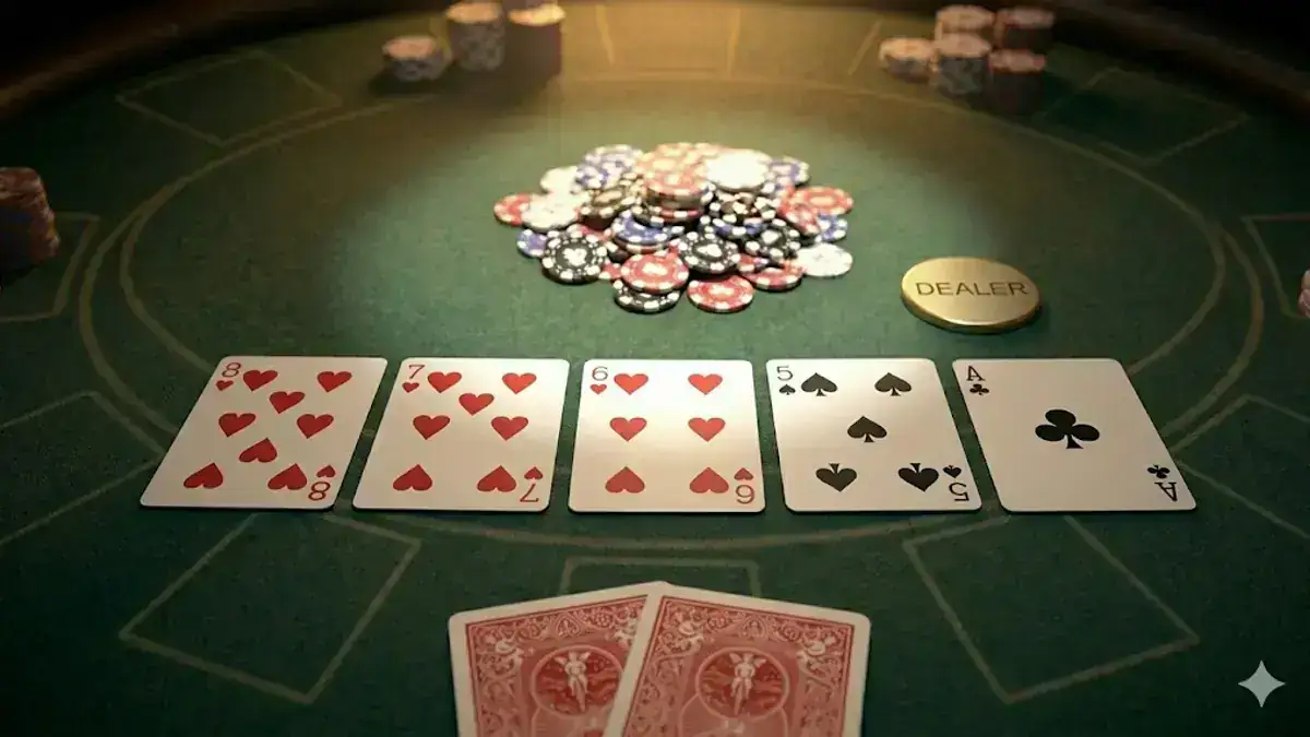 8♥ 7♥ 6♥ 5♠ A♣ のボード——ボードにハートが3枚あるので、たとえ自分がストレートでも相手のフラッシュが生きている