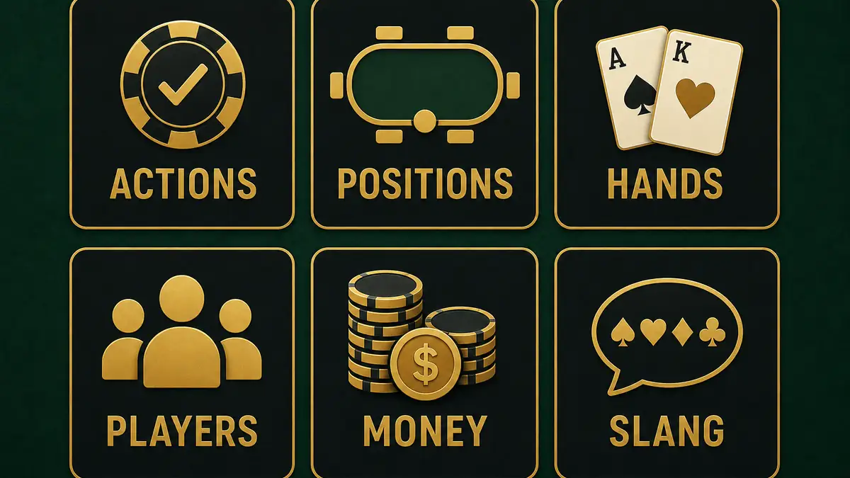 A visual map of the six poker term categories in this glossary — Betting Actions, Positions, Hands, Player Types, Money, and Situations