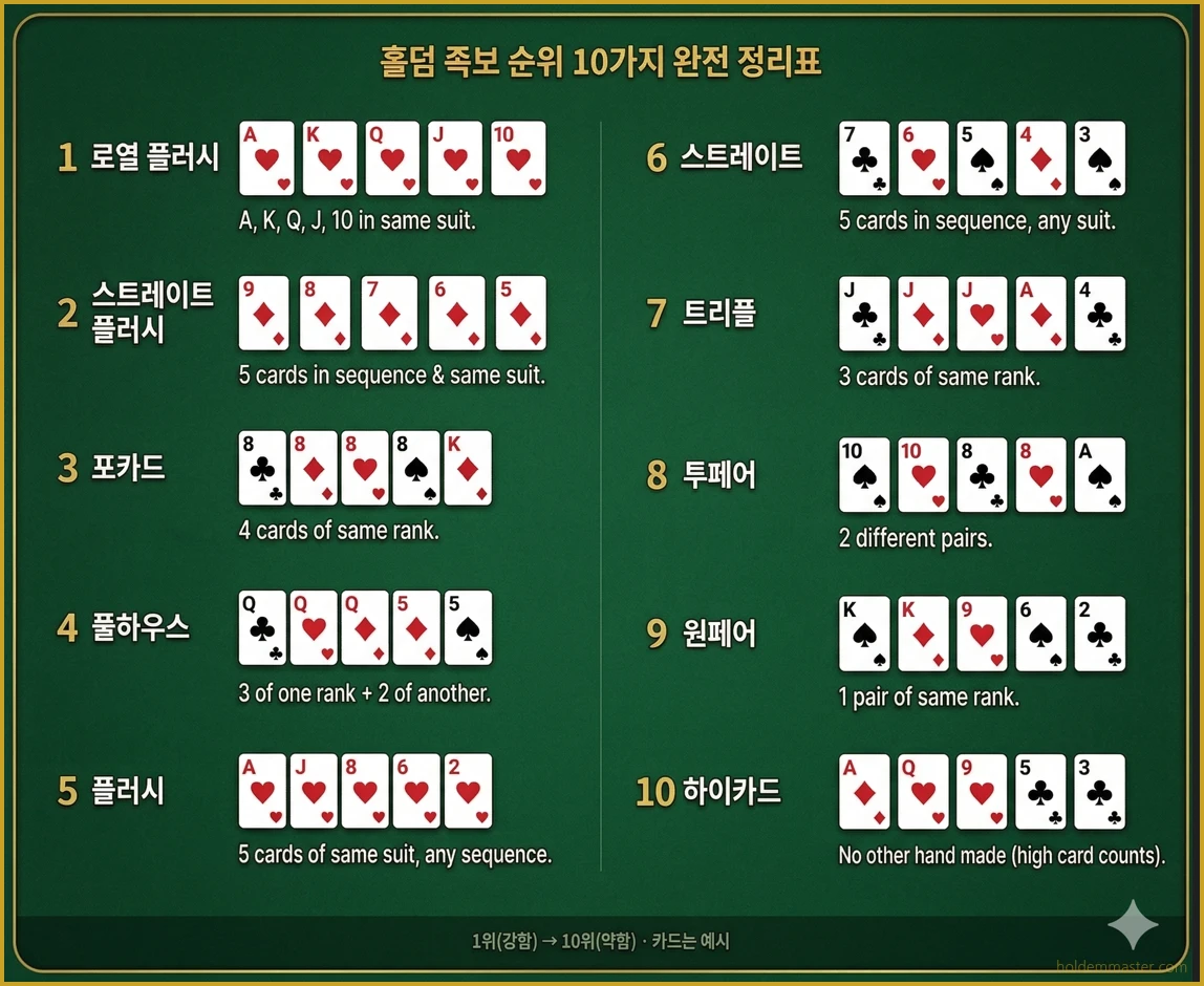 홀덤 족보 순위 전체 — 로열플러시부터 하이카드까지