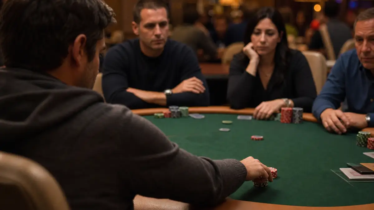 Un jugador de póker desliza fichas hacia delante en silencio para solo igualar la ciega grande en el preflop mientras los demás esperan, ilustrando un limp pasivo