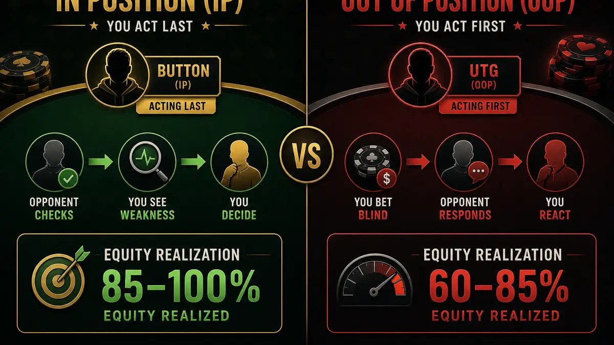 IP vs OOP comparison — Button (IP) acts last and realizes 85–100% equity; UTG (OOP) acts first and realizes only 60–85% equity