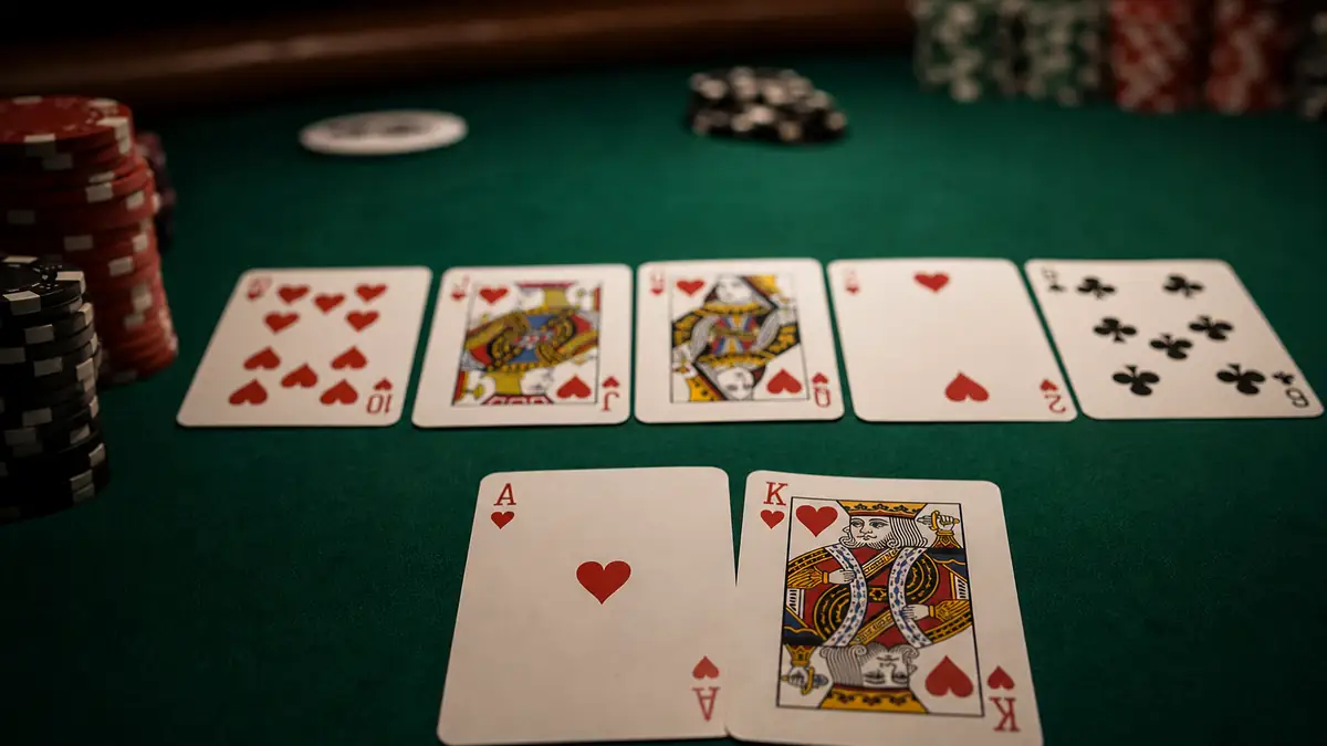 A royal flush in hearts — A-K-Q-J-10 all hearts — held with ace-king on a Queen-Jack-Ten heart board