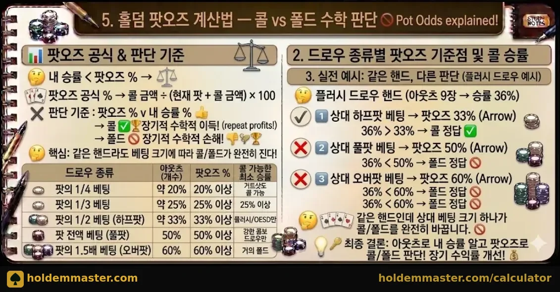 홀덤 팟오즈 계산법 — 팟오즈 공식·드로우별 기준점·콜 vs 폴드 실전 예시 인포그래픽