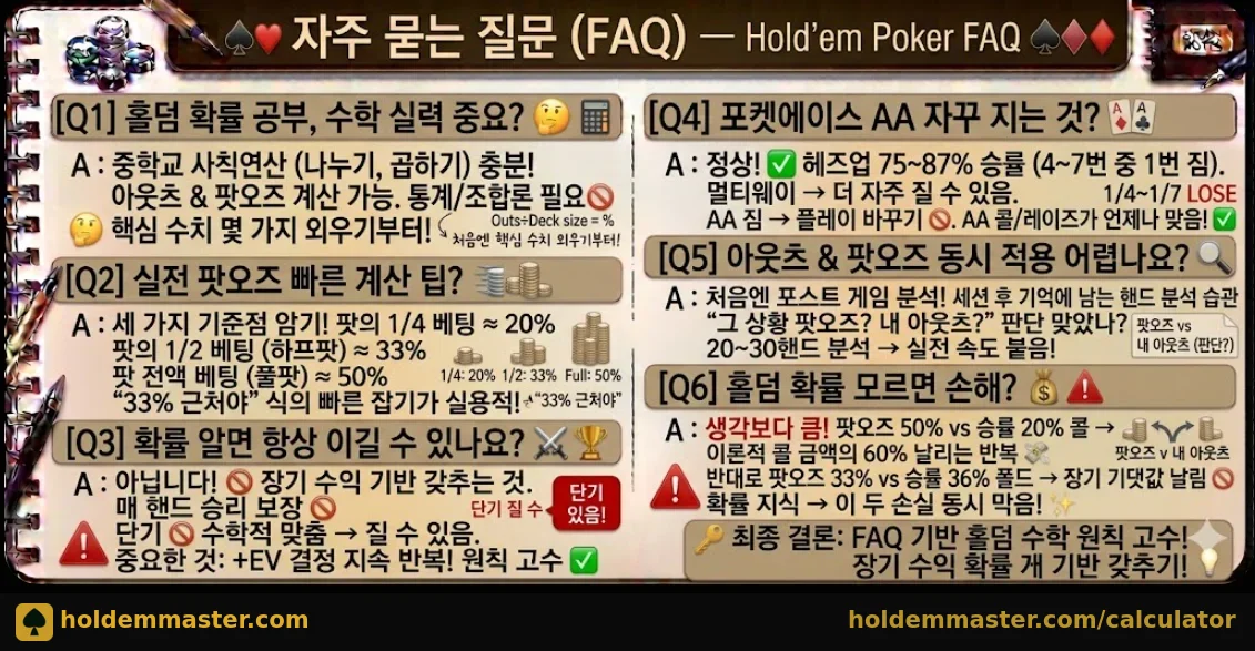 홀덤 확률 자주 묻는 질문 FAQ — 수학 실력·팟오즈 빠른 계산·확률 실전 적용 6가지 답변 인포그래픽