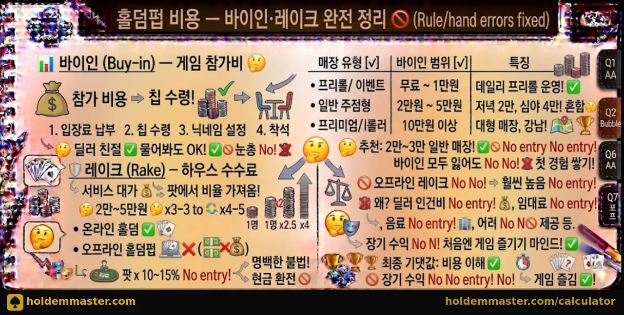 홀덤펍 바이인 비용과 레이크 구조 완전 정리 인포그래픽 — 매장 유형별 바이인 범위와 레이크율 비교