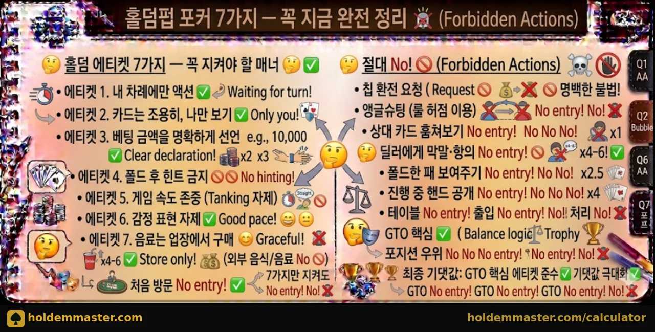 홀덤펍 에티켓 7가지와 절대 금지 행동 완전 정리 인포그래픽 — 홀덤펍 매너 가이드