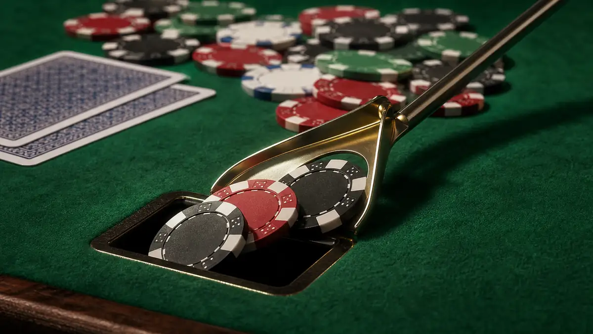A dealer sweeping a few chips from the center of the pot into the table's rake slot before pushing the rest to the winner