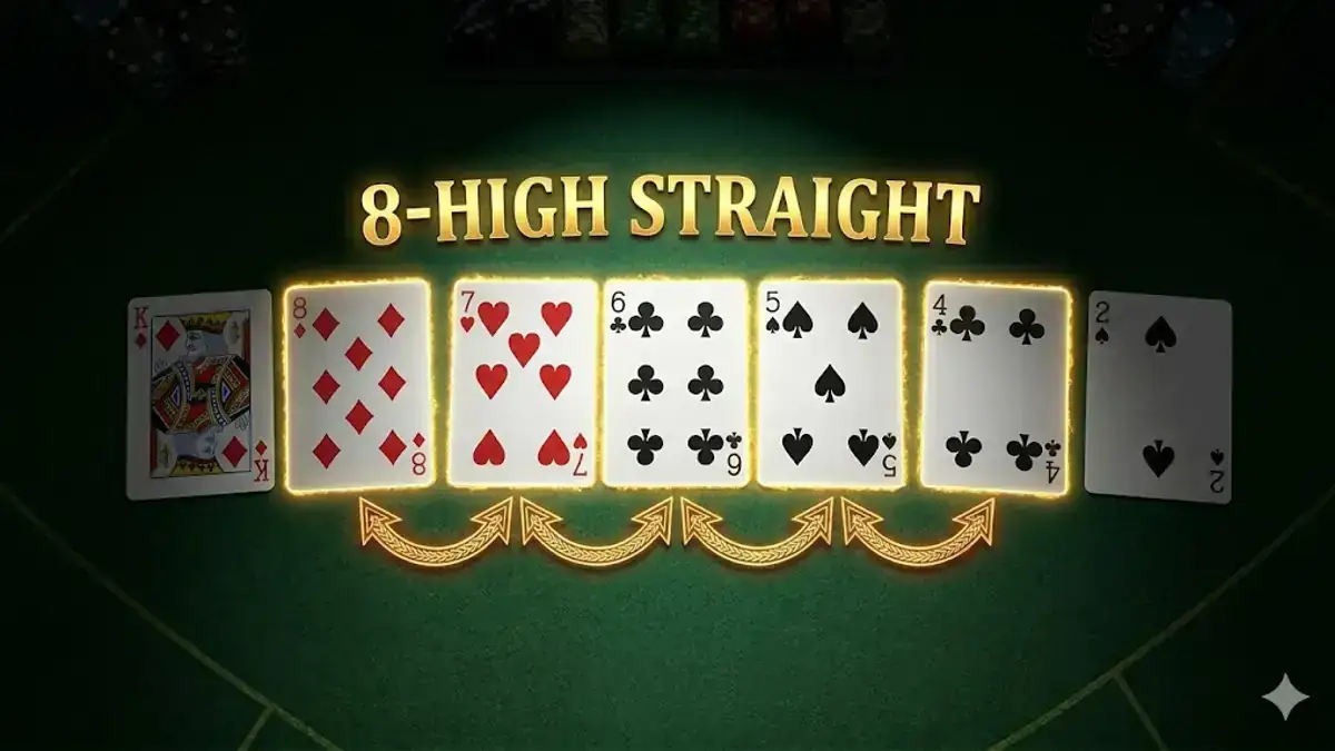 An eight-high straight laid out in sequence on green felt, showing the run of cards an open-ended draw is chasing