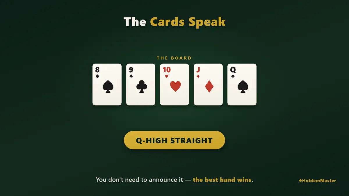 Infografik zur Cards-Speak-Regel — ein Board mit 8♠ 9♣ 10♥ J♦ Q♠ ergibt eine Straße bis zur Dame, und beim Showdown sprechen die Karten für sich