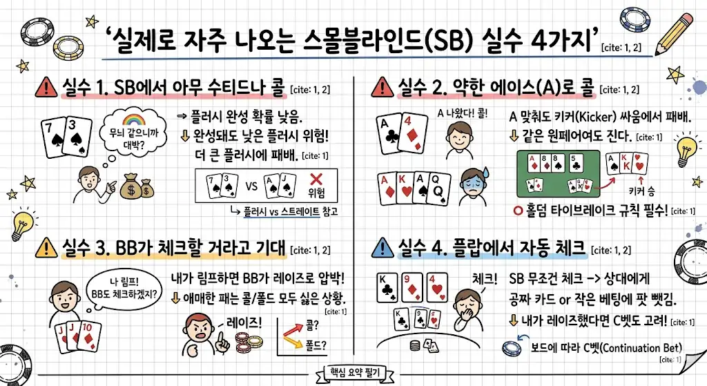 스몰블라인드 실수 4가지 — 아무 수티드 콜·약한 에이스 콜·BB 체크 기대·플랍 자동 체크 경고 카드|w