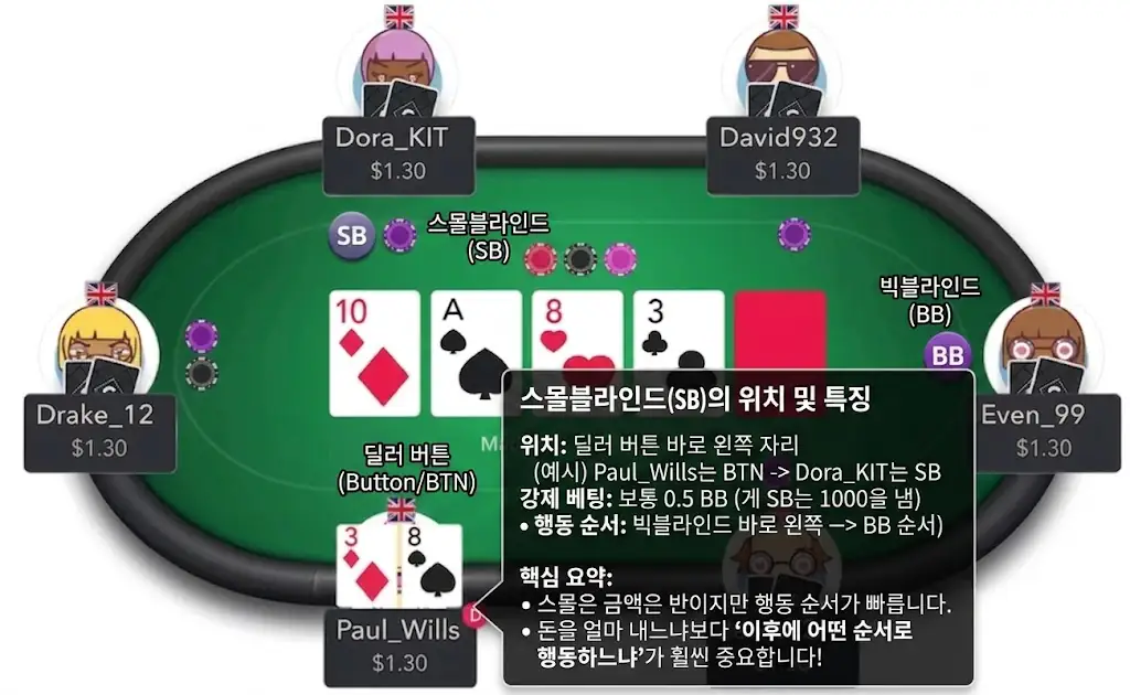 스몰블라인드 위치 — 딜러 버튼 왼쪽 SB와 빅블라인드 BB 행동 순서 인포그래픽|w