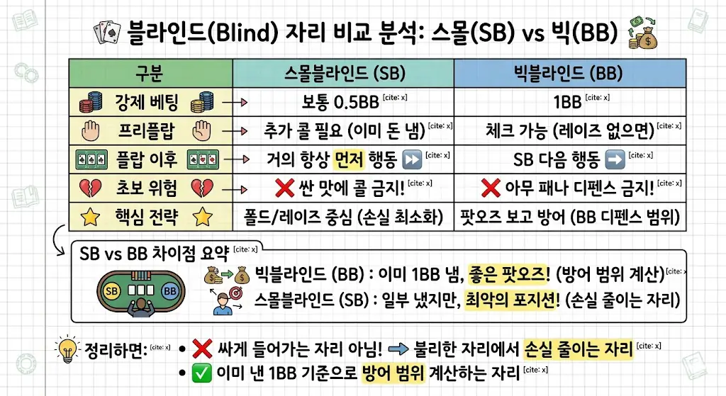 스몰블라인드 vs 빅블라인드 차이 — 강제 베팅 금액·프리플랍 옵션·플랍 이후 행동 순서 비교표|w