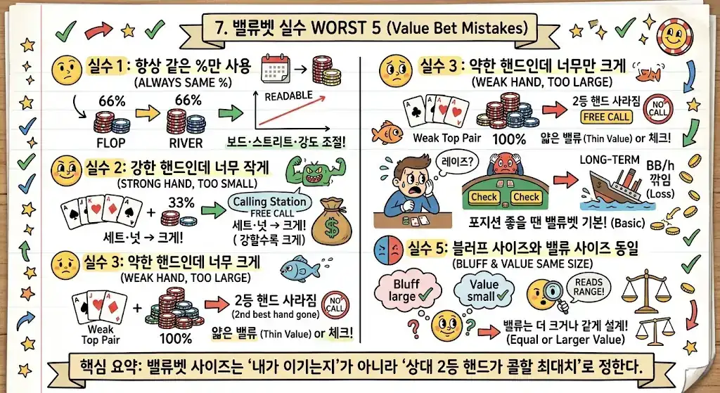 홀덤 밸류벳 실수 WORST 5 — 사이즈 고정·과대베팅·체크 과다|w