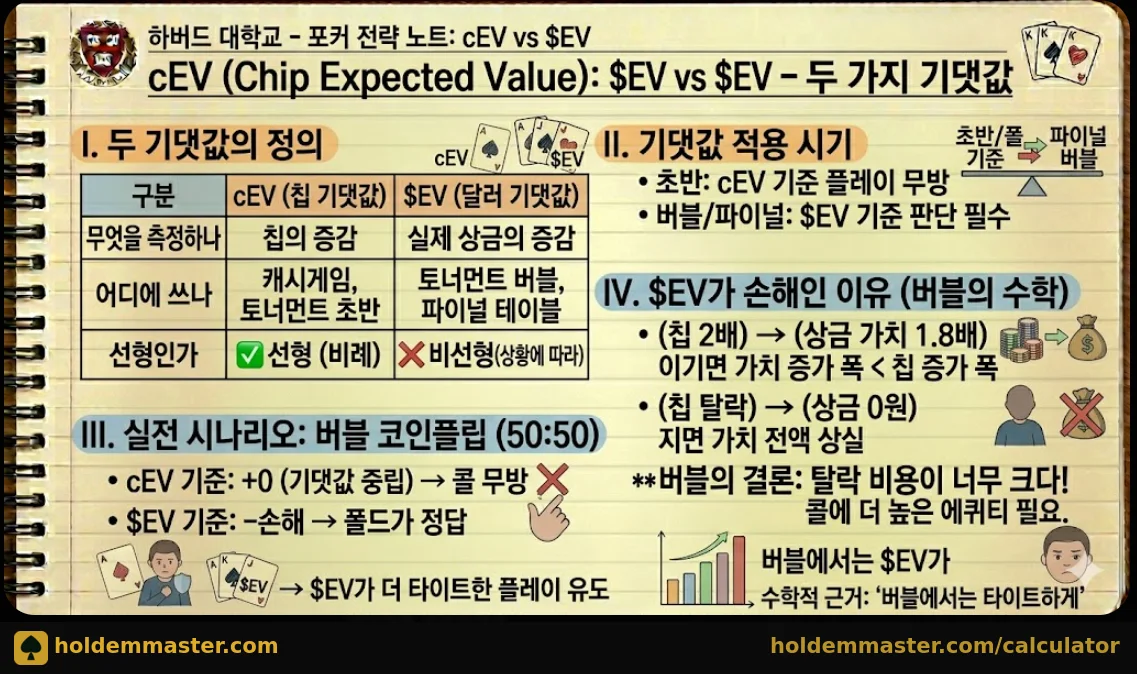 cEV vs $EV 두 가지 기댓값 인포그래픽 — ICM 버블 코인플립 전략