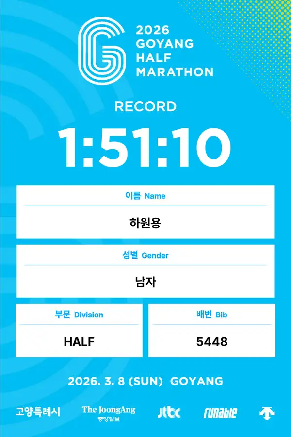 2026 Goyang Half Marathon official result card — 1:51:10 chip time, Male Half division