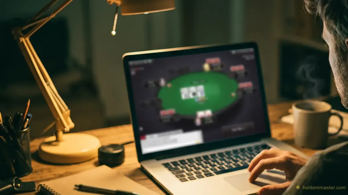Jugador de póker en línea frente a su computadora portátil de noche, con la mesa verde en pantalla y una taza de café al lado