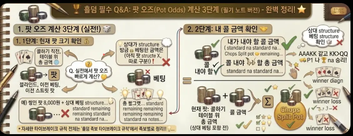 홀덤 팟오즈 계산 3단계 필기 노트 — 현재 팟 크기 확인·콜 금액 확인·나누기 계산 실전 완벽 정리