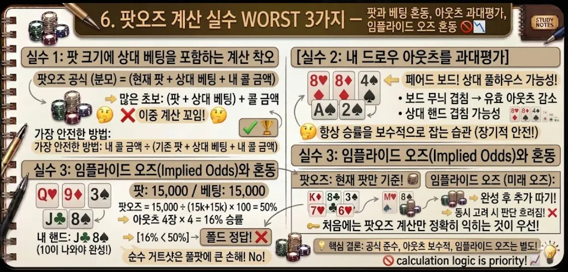 홀덤 팟오즈 계산 실수 WORST 3가지 필기 노트 — 팟과 베팅 혼동 이중계산, 아웃츠 과대평가, 임플라이드 오즈 혼동 핵심 정리