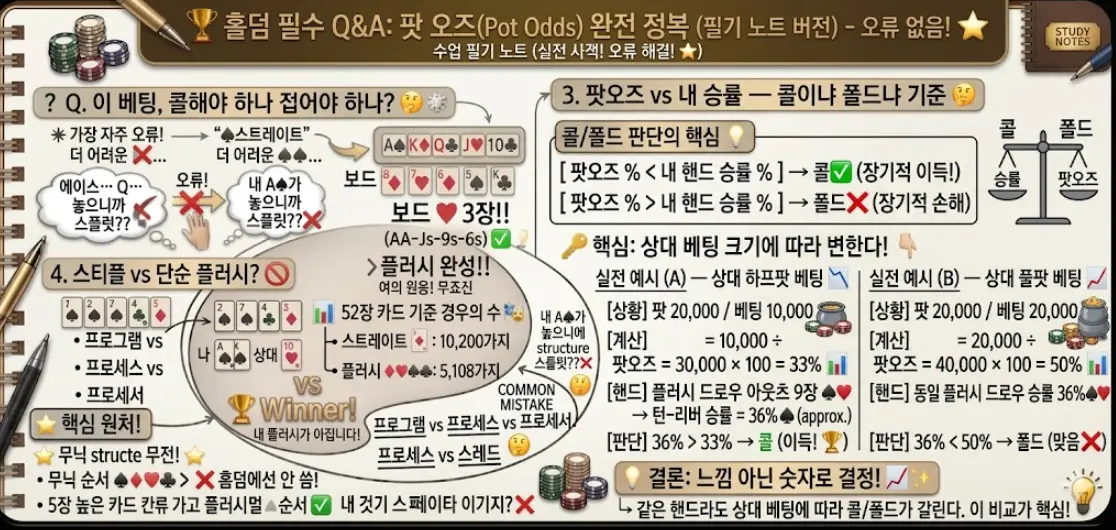 홀덤 팟오즈 vs 내 승률 비교 필기 노트 — 콜·폴드 판단 기준·실전 예시 A·B 완벽 정리