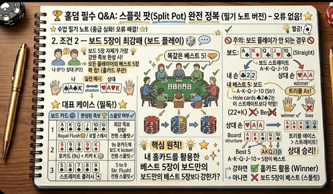 홀덤 보드 플레이 스플릿 팟 카드 — 보드 5장이 최강일 때 전원 스플릿 조건 실전 판별법