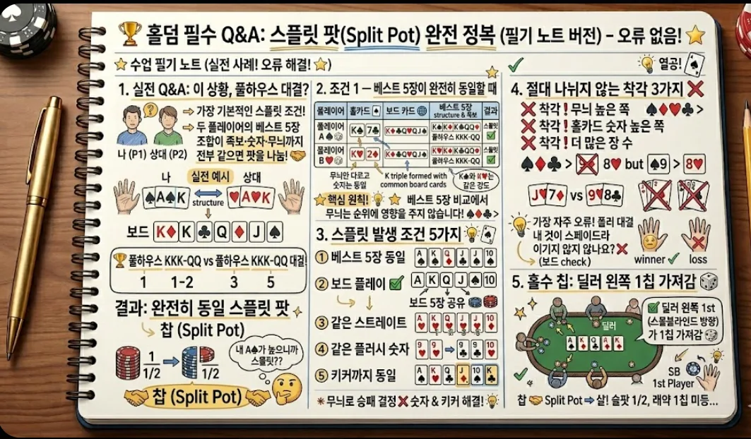 홀덤 스플릿 팟 발생 조건 5가지 비교 카드 — 보드 플레이·스트레이트·키커 동일 실전 판별법