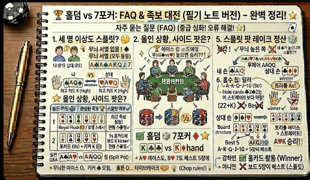 홀덤 스플릿 팟 FAQ 완전 정복 카드 — 보드 플레이·홀수 칩·무늬·키커 6가지 핵심 질문