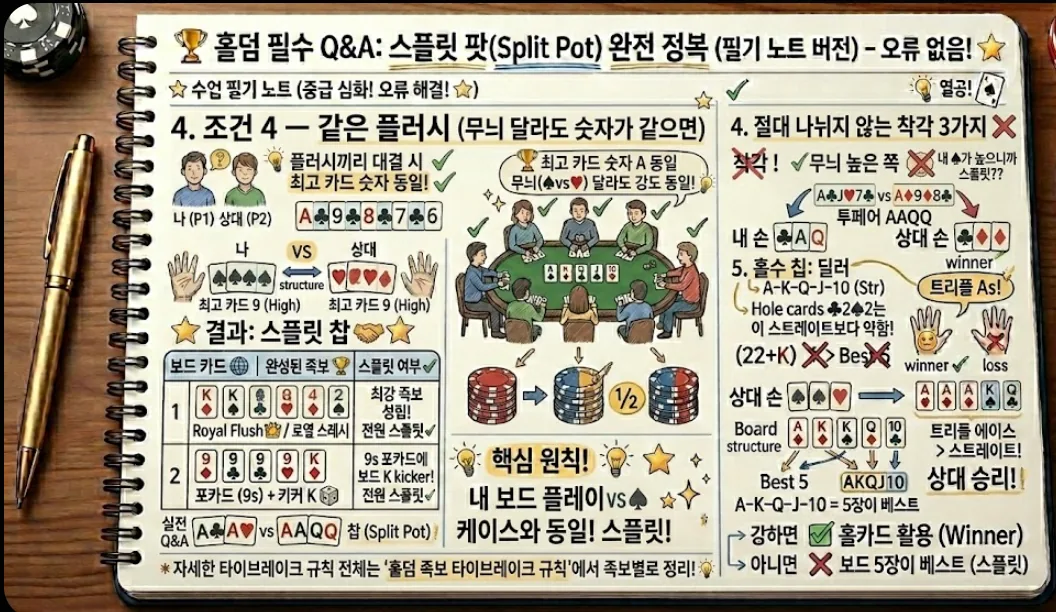 홀덤 플러시 스플릿 팟 카드 — 무늬 달라도 숫자 같으면 스플릿 조건 실전 판별법